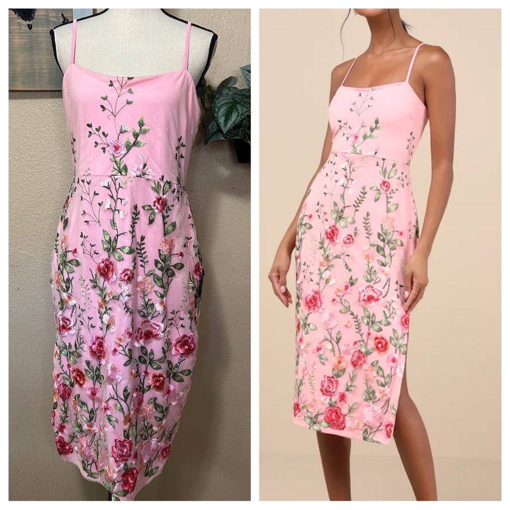 Blooming For Love Pink Floral Embroidered Midi Dress